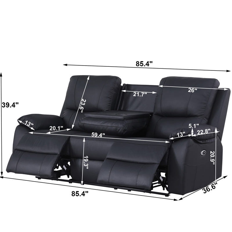 Pemberly Row Leather Power Reclining 3-Seater Sofa with Cupholder in Black