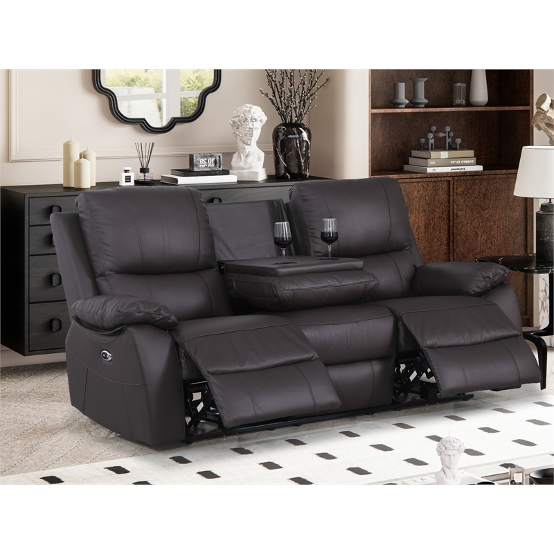 Pemberly Row Leather Power Reclining 3-Seater Sofa with Cupholder in Brown