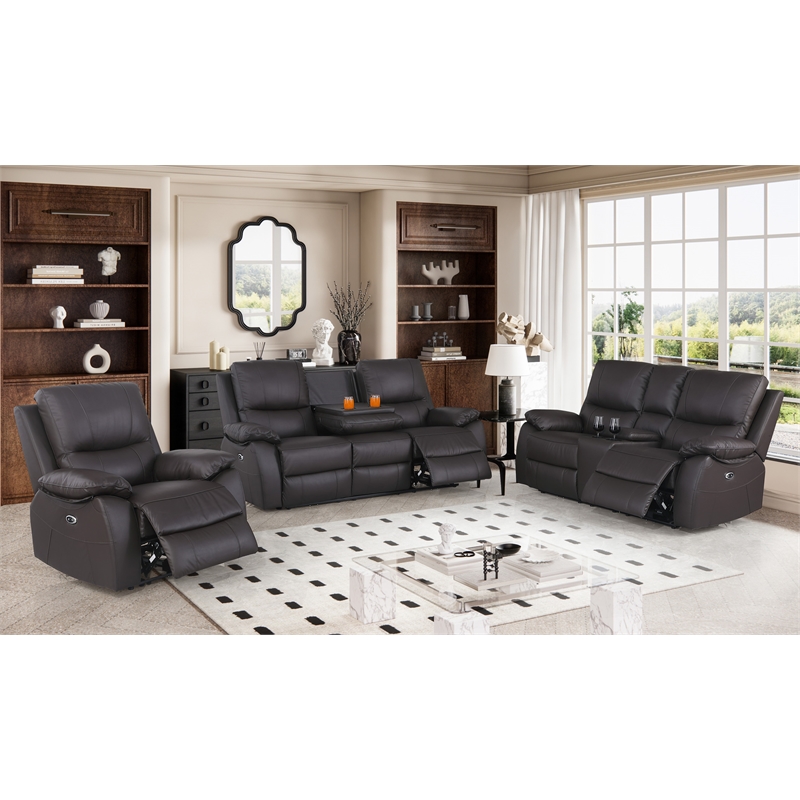 Pemberly Row Leather Power Reclining 3-Seater Sofa with Cupholder in Brown