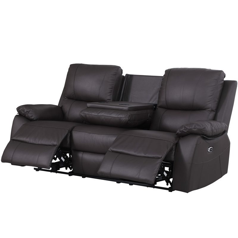 Pemberly Row Leather Power Reclining 3-Seater Sofa with Cupholder in Brown