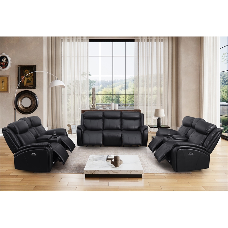Pemberly Row Leather 3-Piece Power Recliner Home Theater Sofa Set in Black