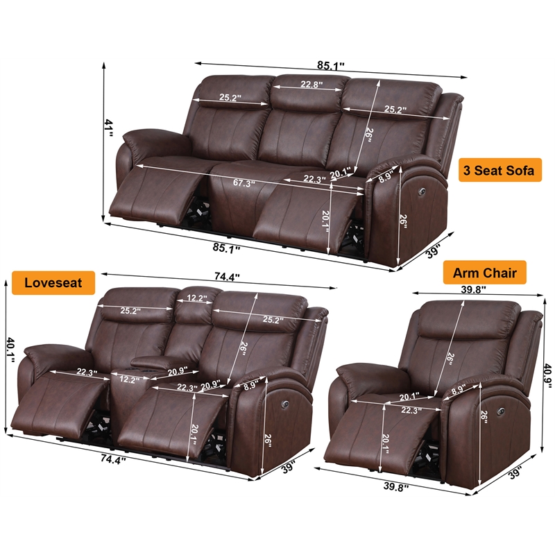 Pemberly Row Leather 3-Piece Power Recliner Home Theater Sofa Set in Brown