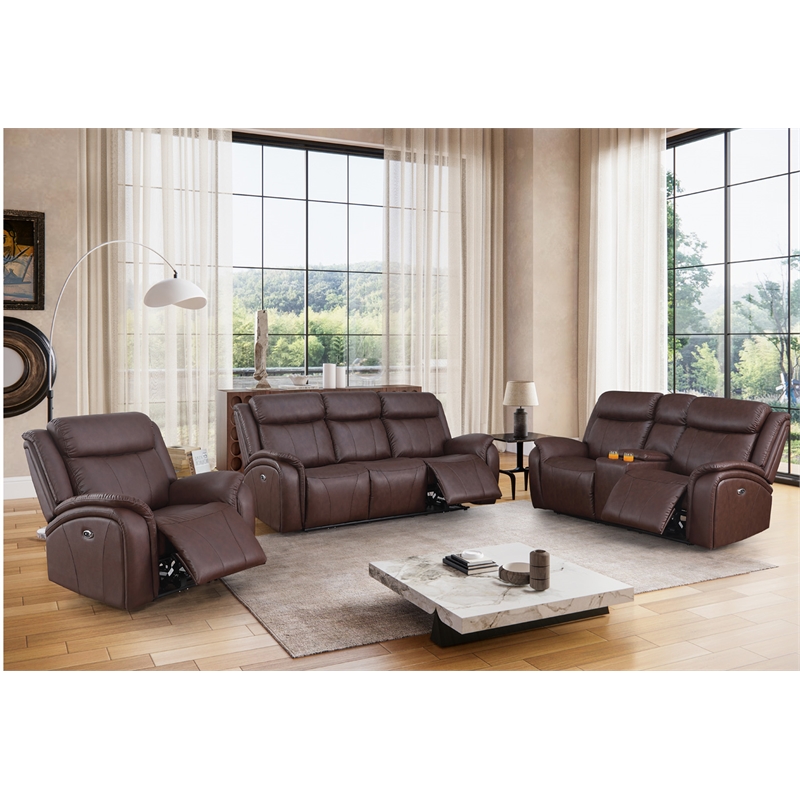 Pemberly Row Leather 3-Piece Power Recliner Home Theater Sofa Set in Brown