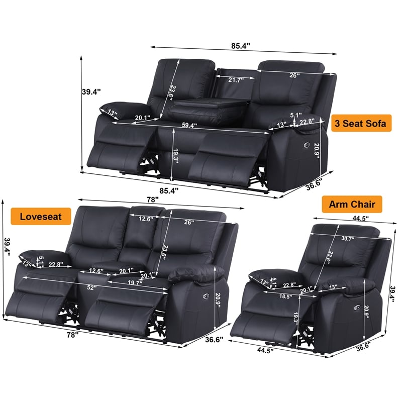 Pemberly Row Leather 3-Piece Electric Power Lift Recliner Sofa Set in Black