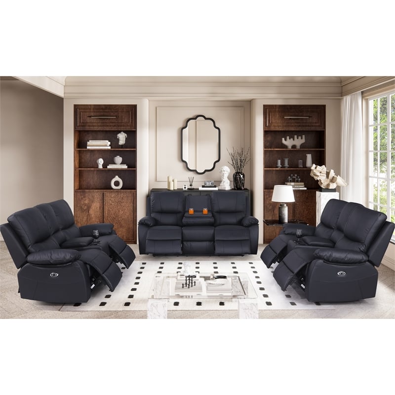 Pemberly Row Leather 3-Piece Electric Power Lift Recliner Sofa Set in Black