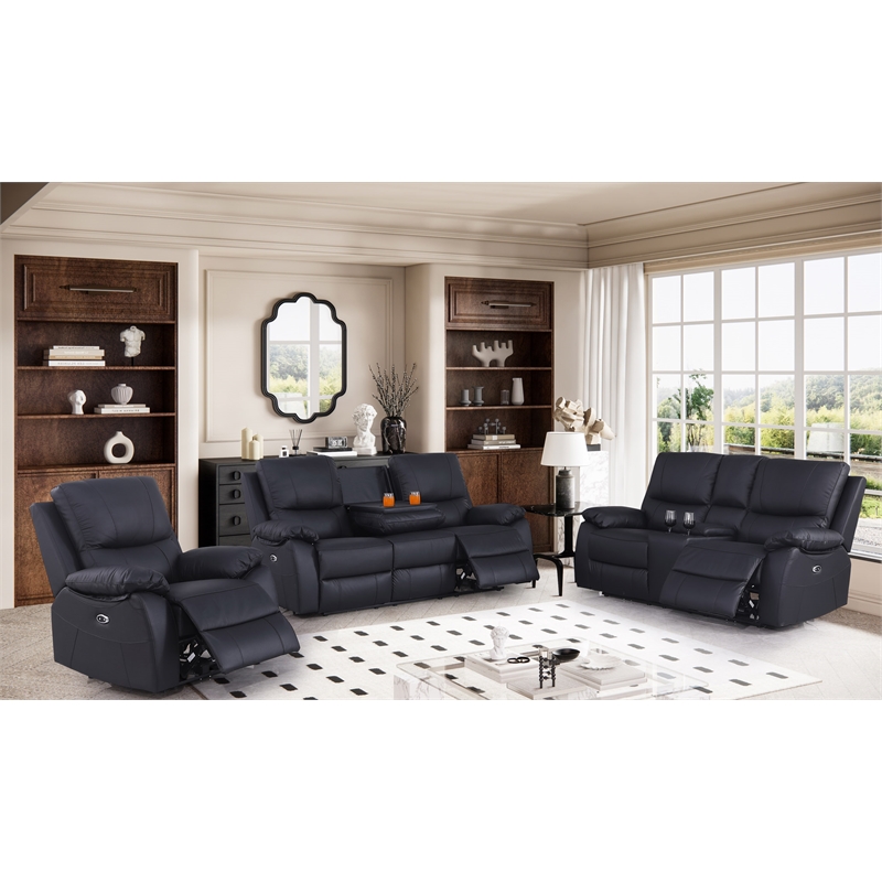Pemberly Row Leather 3-Piece Electric Power Lift Recliner Sofa Set in Black