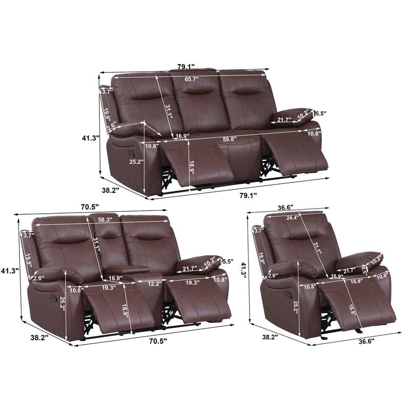 Pemberly Row 3-Piece Faux Leather Manual Recliner Sofa Set in Brown