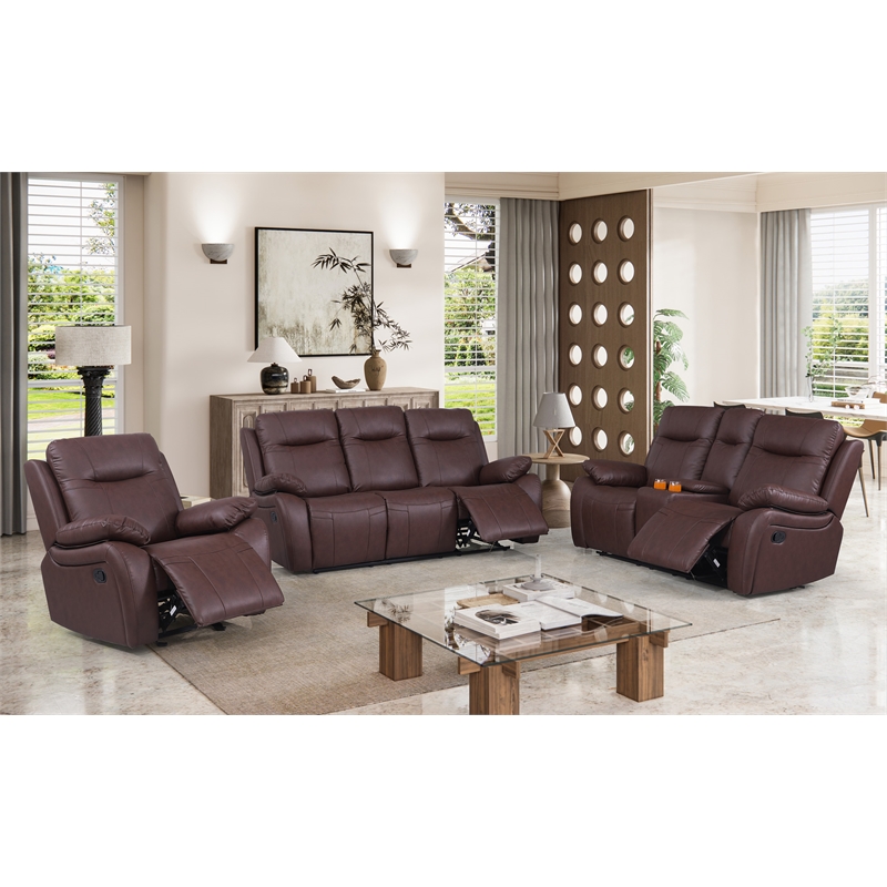 Pemberly Row 3-Piece Faux Leather Manual Recliner Sofa Set in Brown