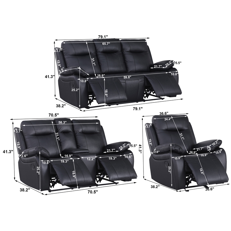 Pemberly Row 3-Piece Faux Leather Manual Recliner Sofa Set in Black
