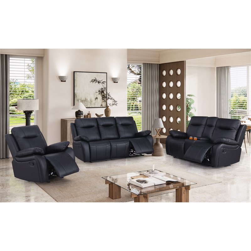 Pemberly Row 3-Piece Faux Leather Manual Recliner Sofa Set in Black