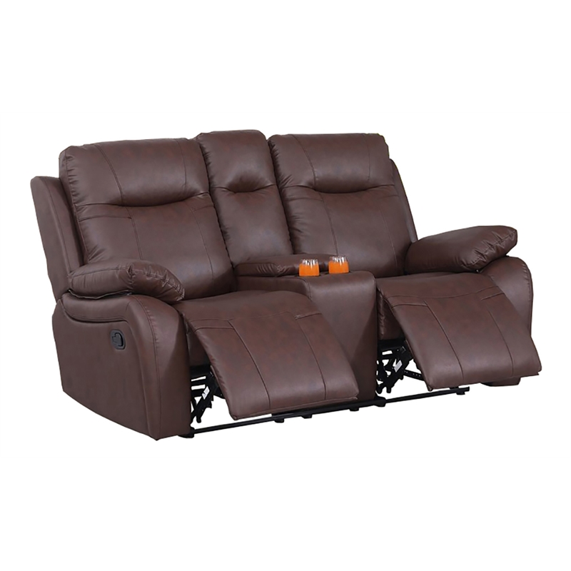 Pemberly Row Faux Leather Recliner Loveseat with Drink Holder in Brown