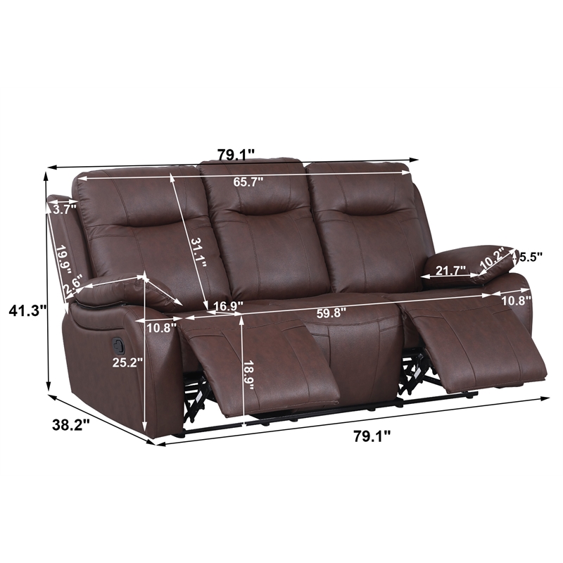 Pemberly Row Manual Faux Leather Recliner 3-Seater Sofa in Brown