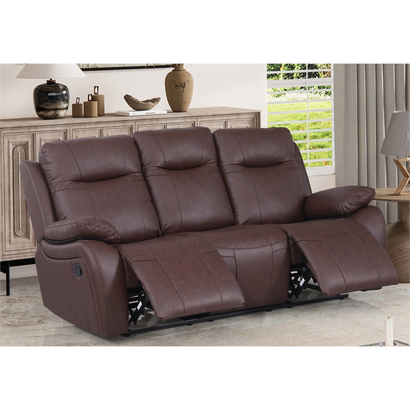 Pemberly Row Manual Faux Leather Recliner 3-Seater Sofa in Brown