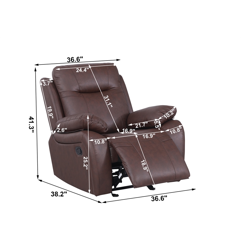 Pemberly Row Manual Faux Leather Recliner Reclining Arm Chair in Brown