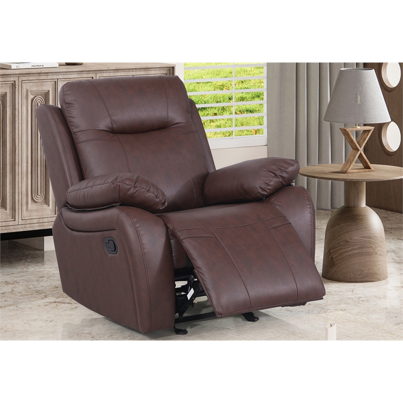 Pemberly Row Manual Faux Leather Recliner Reclining Arm Chair in Brown