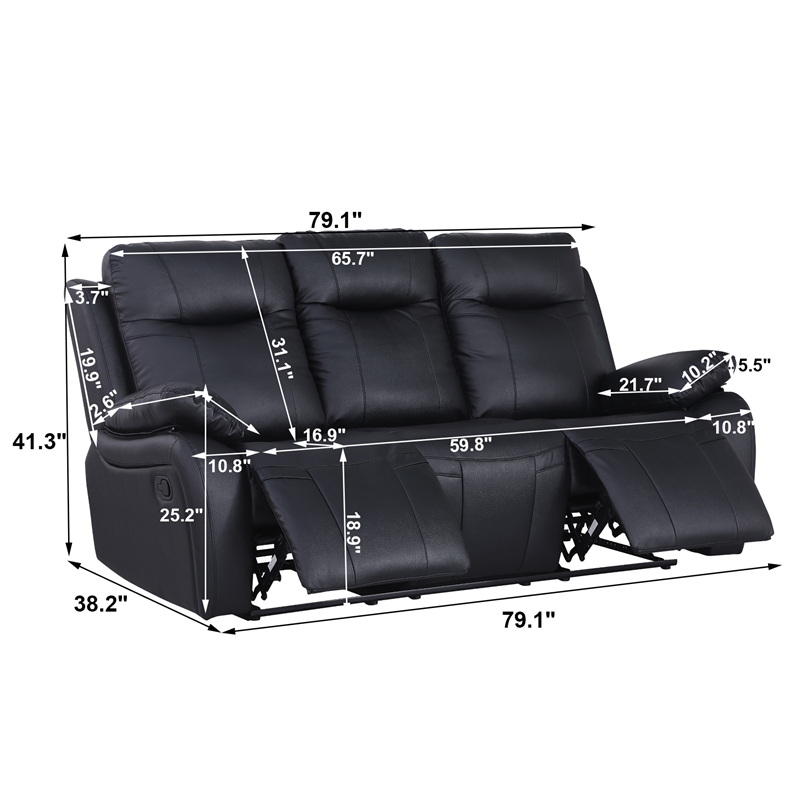 Pemberly Row Manual Faux Leather Recliner 3-Seater Sofa in Black