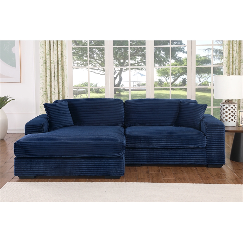 Pemberly Row Corduroy Deep Seat Sofa Sleeper with Chaise in Dark Blue