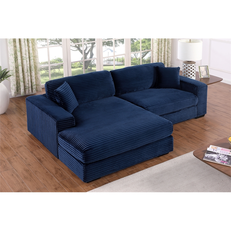 Pemberly Row Corduroy Deep Seat Sofa Sleeper with Chaise in Dark Blue
