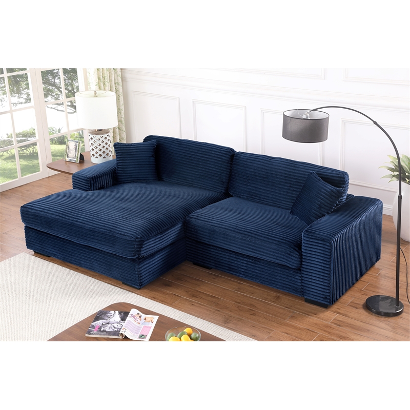 Pemberly Row Corduroy Deep Seat Sofa Sleeper with Chaise in Dark Blue
