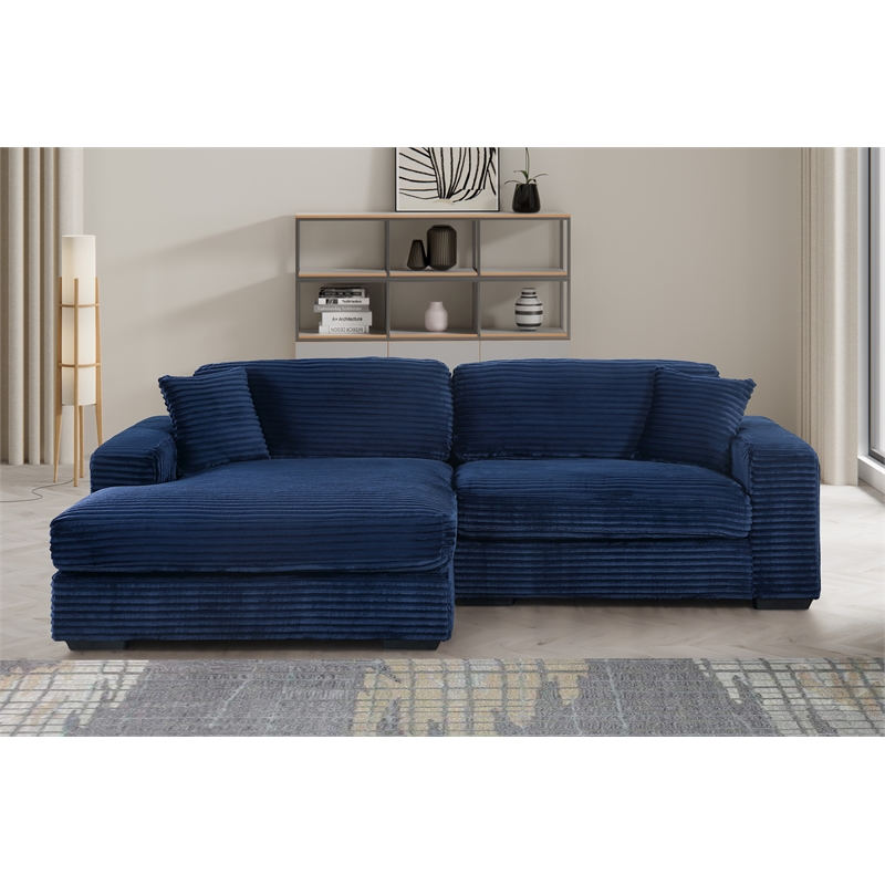 Pemberly Row Corduroy Deep Seat Sofa Sleeper with Chaise in Dark Blue