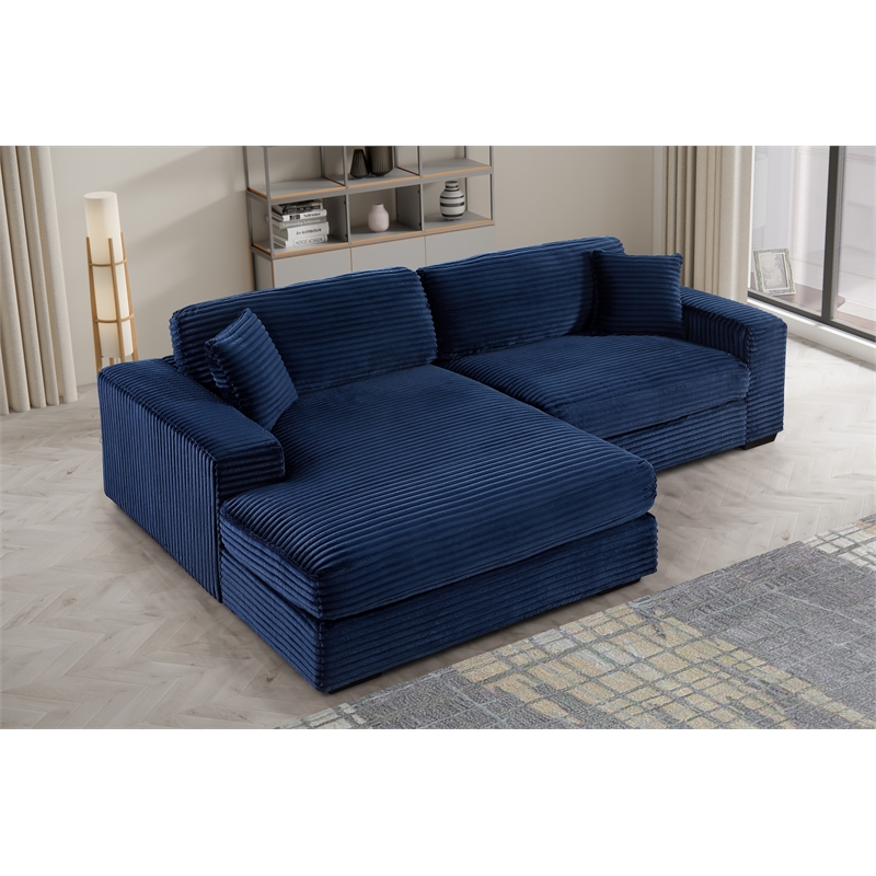 Pemberly Row Corduroy Deep Seat Sofa Sleeper with Chaise in Dark Blue