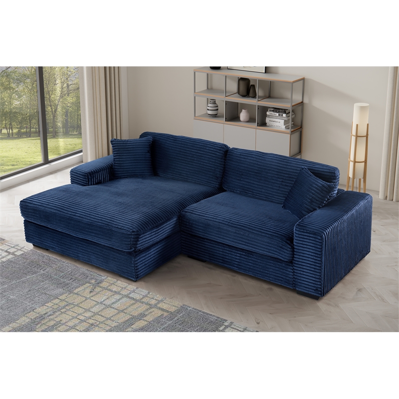 Pemberly Row Corduroy Deep Seat Sofa Sleeper with Chaise in Dark Blue