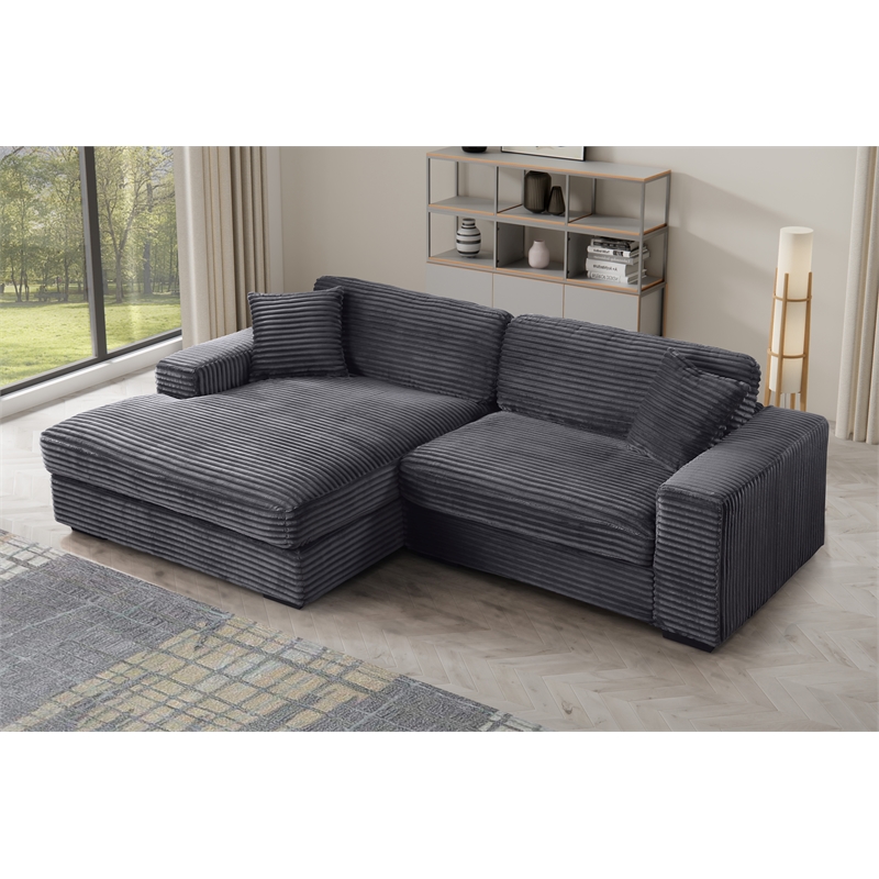 Pemberly Row Corduroy Deep Seat Sofa Sleeper with Chaise in Dark Gray