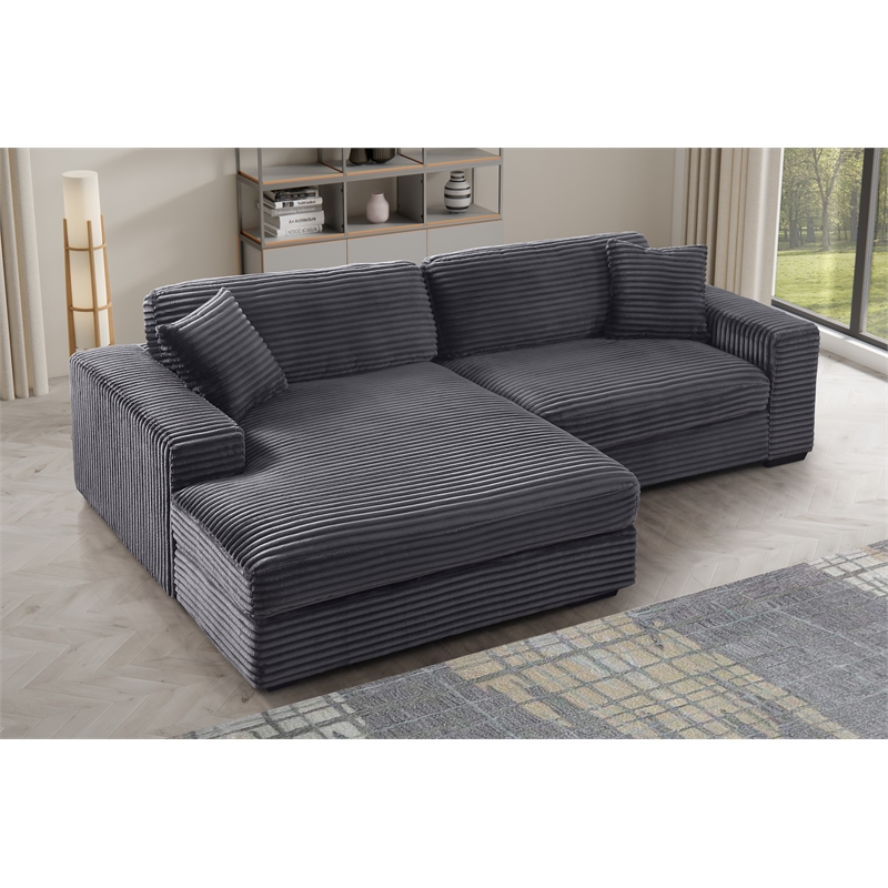 Pemberly Row Corduroy Deep Seat Sofa Sleeper with Chaise in Dark Gray