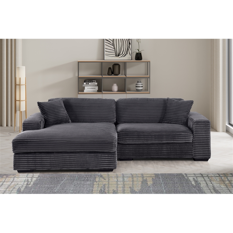 Pemberly Row Corduroy Deep Seat Sofa Sleeper with Chaise in Dark Gray