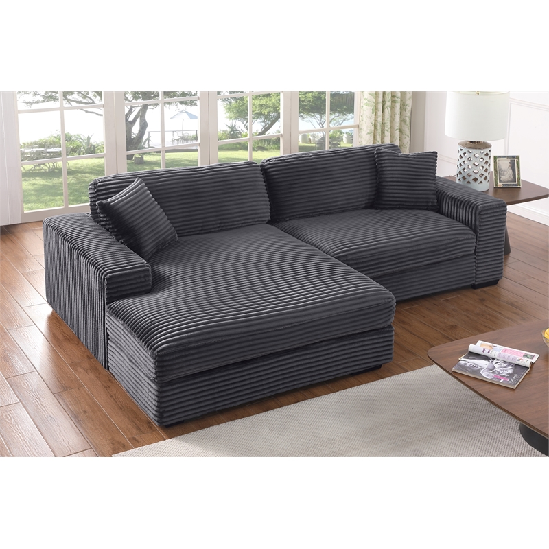 Pemberly Row Corduroy Deep Seat Sofa Sleeper with Chaise in Dark Gray