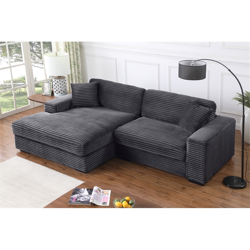 Pemberly Row Corduroy Deep Seat Sofa Sleeper with Chaise in Dark Gray