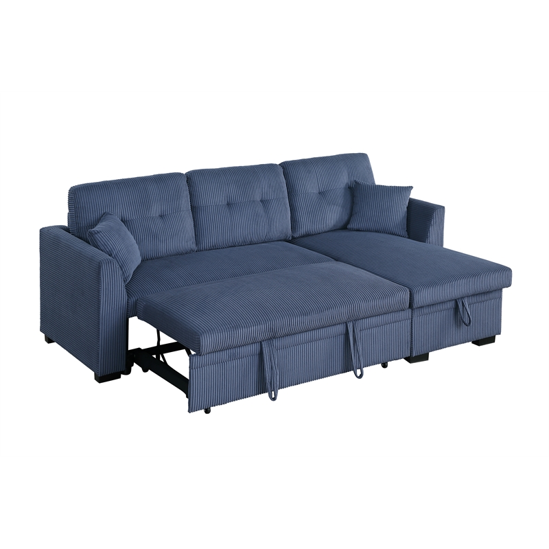 Pemberly Row Corduroy Sleeper Sofa Bed with Storage Chaise in Blue