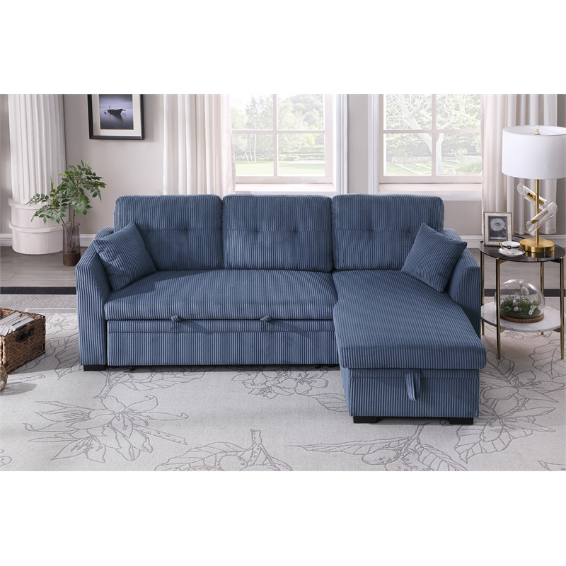 Pemberly Row Corduroy Sleeper Sofa Bed with Storage Chaise in Blue