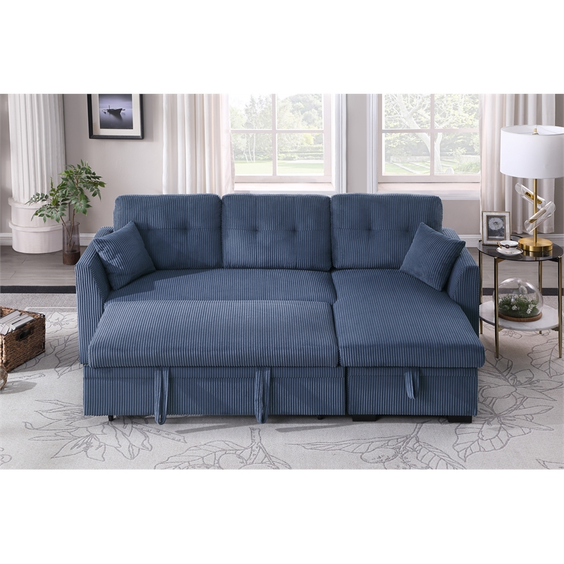 Pemberly Row Corduroy Sleeper Sofa Bed with Storage Chaise in Blue