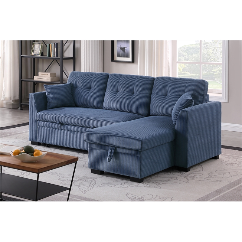 Pemberly Row Corduroy Sleeper Sofa Bed with Storage Chaise in Blue