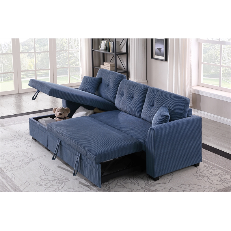 Pemberly Row Corduroy Sleeper Sofa Bed with Storage Chaise in Blue