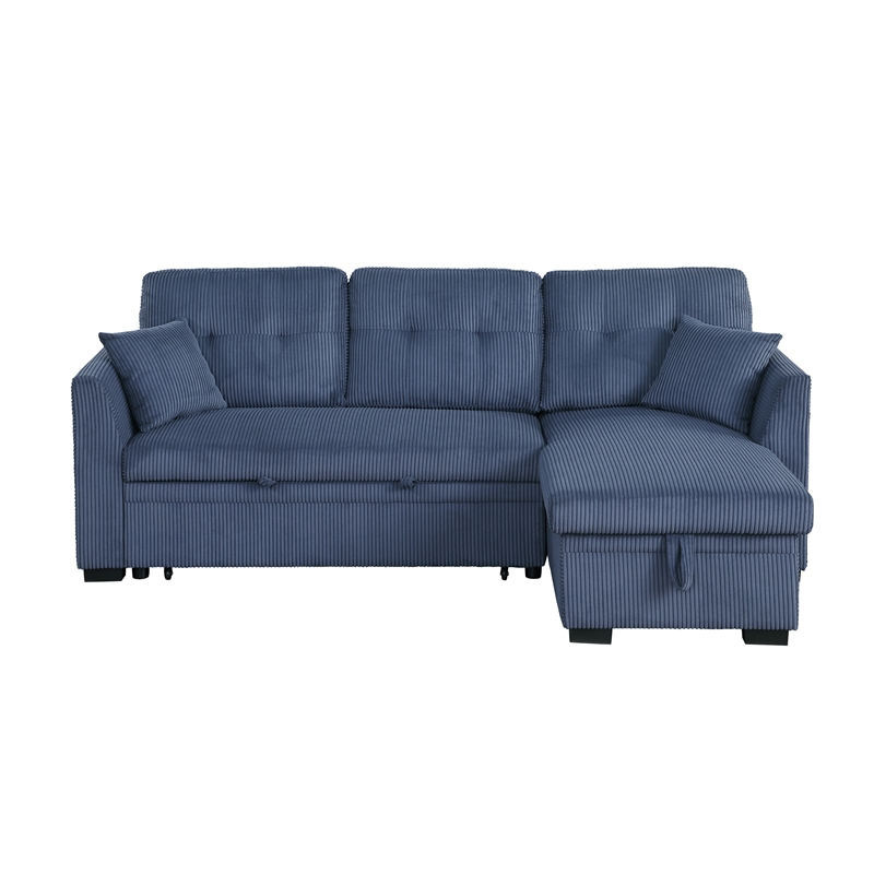 Pemberly Row Corduroy Sleeper Sofa Bed with Storage Chaise in Blue