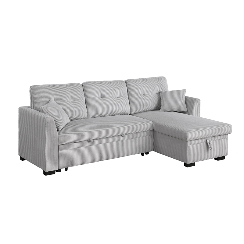 Pemberly Row Corduroy Sleeper Sofa Bed with Storage Chaise in Light Gray