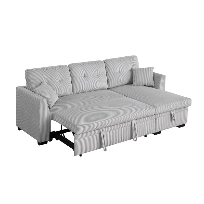 Pemberly Row Corduroy Sleeper Sofa Bed with Storage Chaise in Light Gray