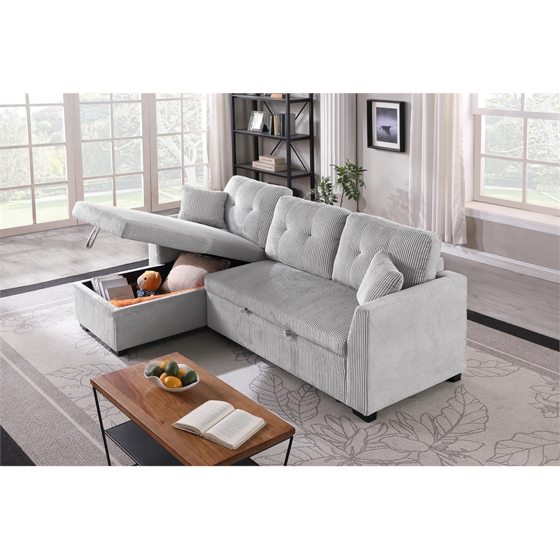 Pemberly Row Corduroy Sleeper Sofa Bed with Storage Chaise in Light Gray