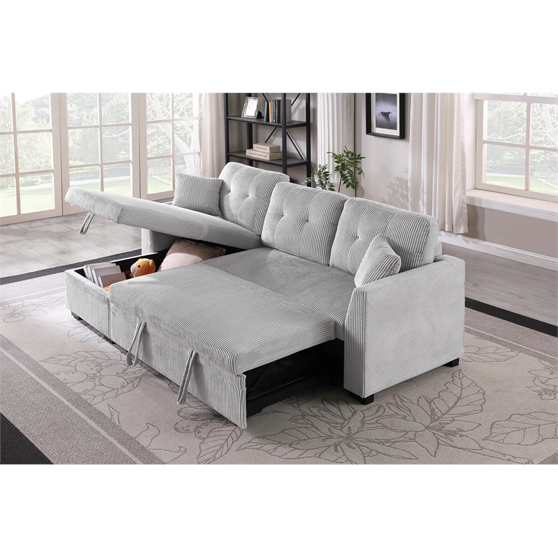 Pemberly Row Corduroy Sleeper Sofa Bed with Storage Chaise in Light Gray