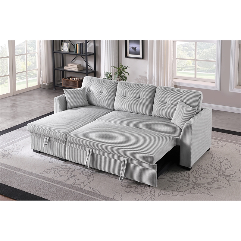 Pemberly Row Corduroy Sleeper Sofa Bed with Storage Chaise in Light Gray