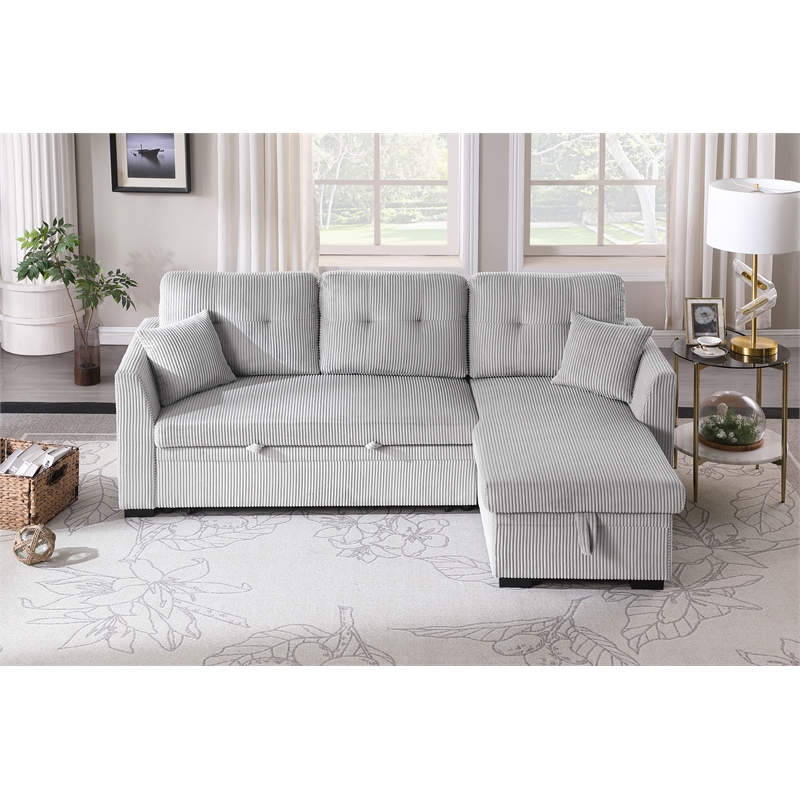 Pemberly Row Corduroy Sleeper Sofa Bed with Storage Chaise in Light Gray