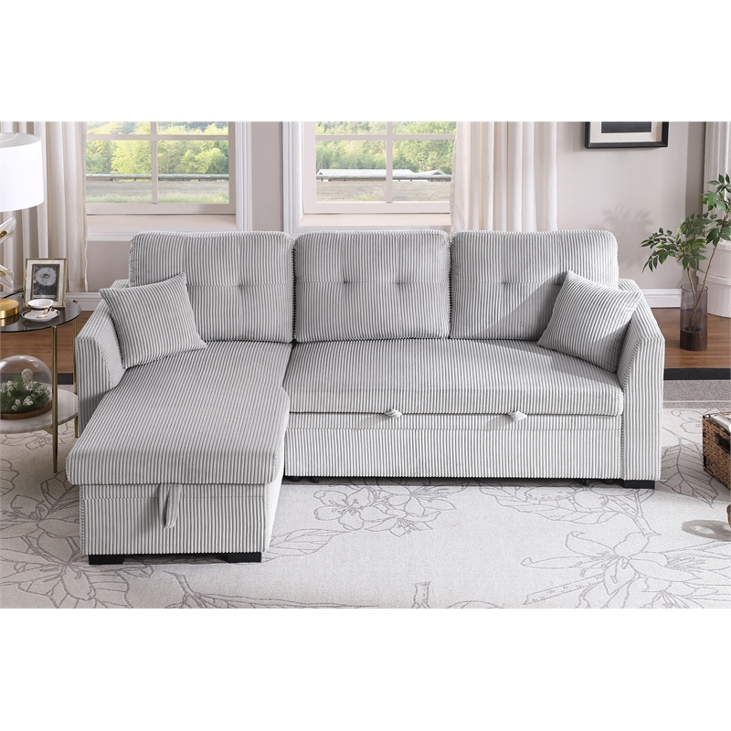 Pemberly Row Corduroy Sleeper Sofa Bed with Storage Chaise in Light Gray