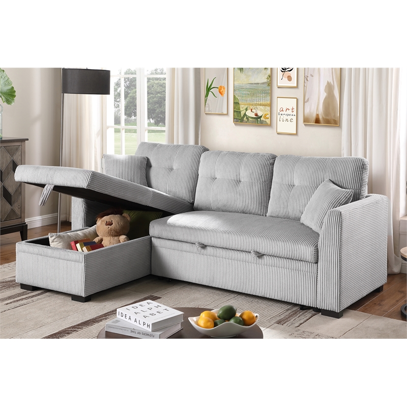 Pemberly Row Corduroy Sleeper Sofa Bed with Storage Chaise in Light Gray