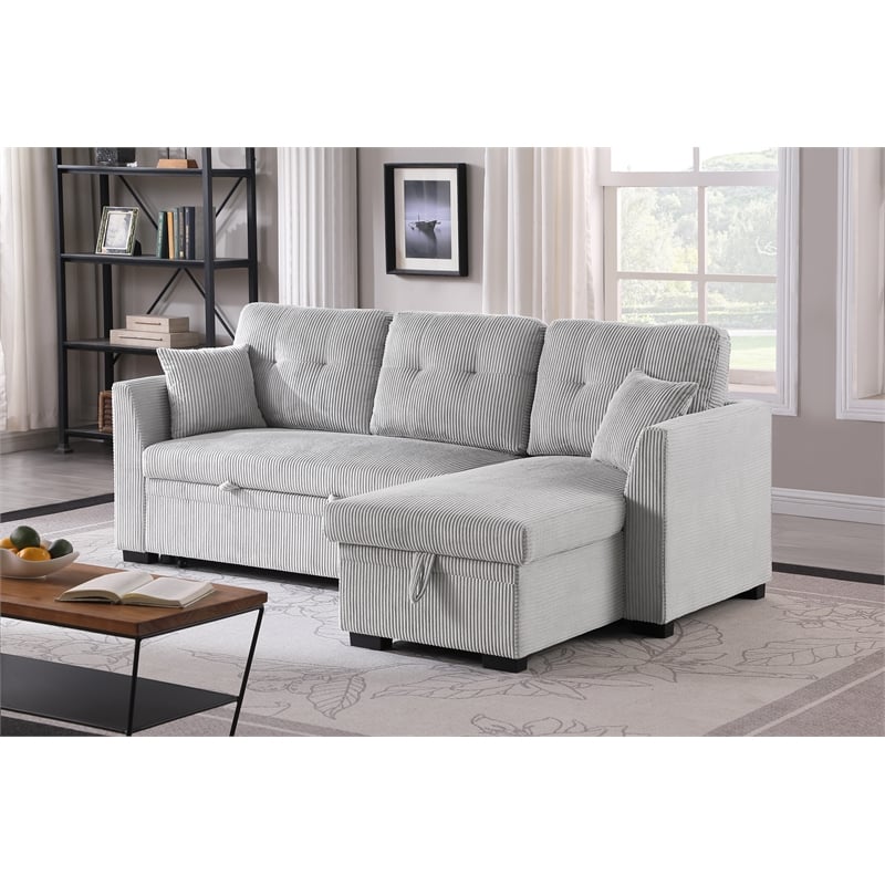 Pemberly Row Corduroy Sleeper Sofa Bed with Storage Chaise in Light Gray