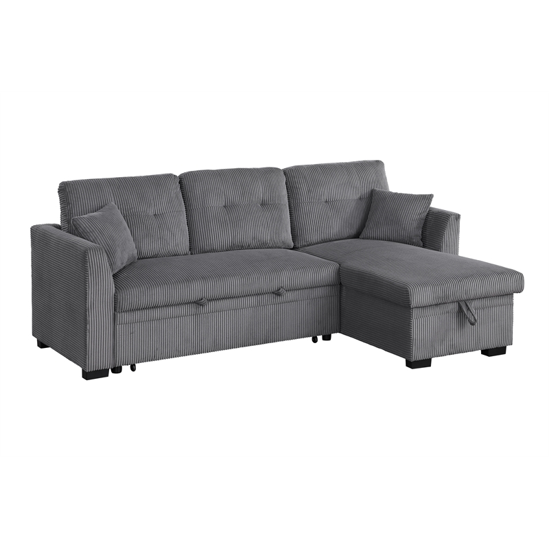 Pemberly Row Corduroy Sleeper Sofa Bed with Storage Chaise in Dark Gray