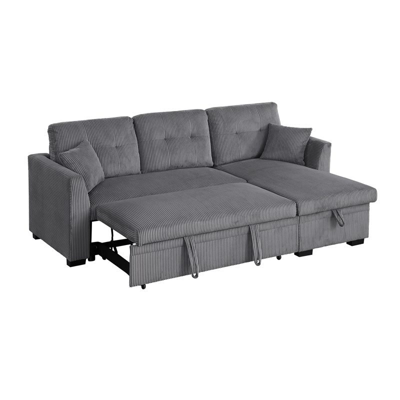 Pemberly Row Corduroy Sleeper Sofa Bed with Storage Chaise in Dark Gray