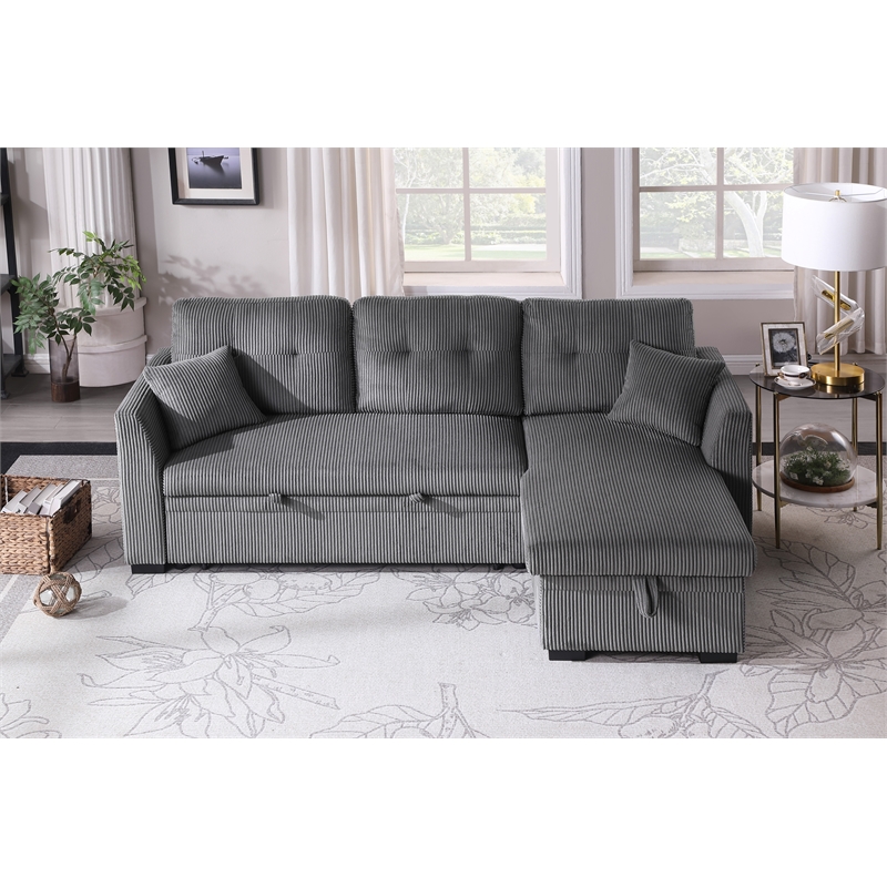 Pemberly Row Corduroy Sleeper Sofa Bed with Storage Chaise in Dark Gray