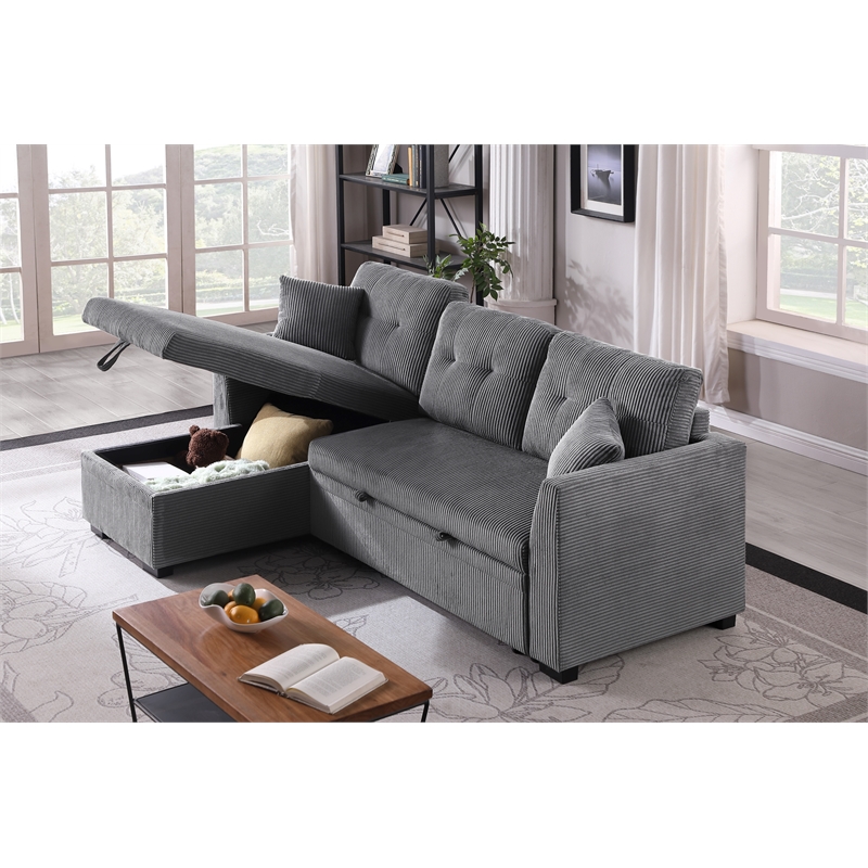 Pemberly Row Corduroy Sleeper Sofa Bed with Storage Chaise in Dark Gray